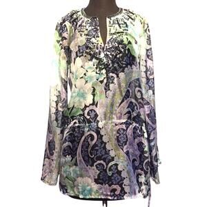 Cache Embellished Peasant Boho Sheer Illusion Drawstring Top Silk $128 NWT